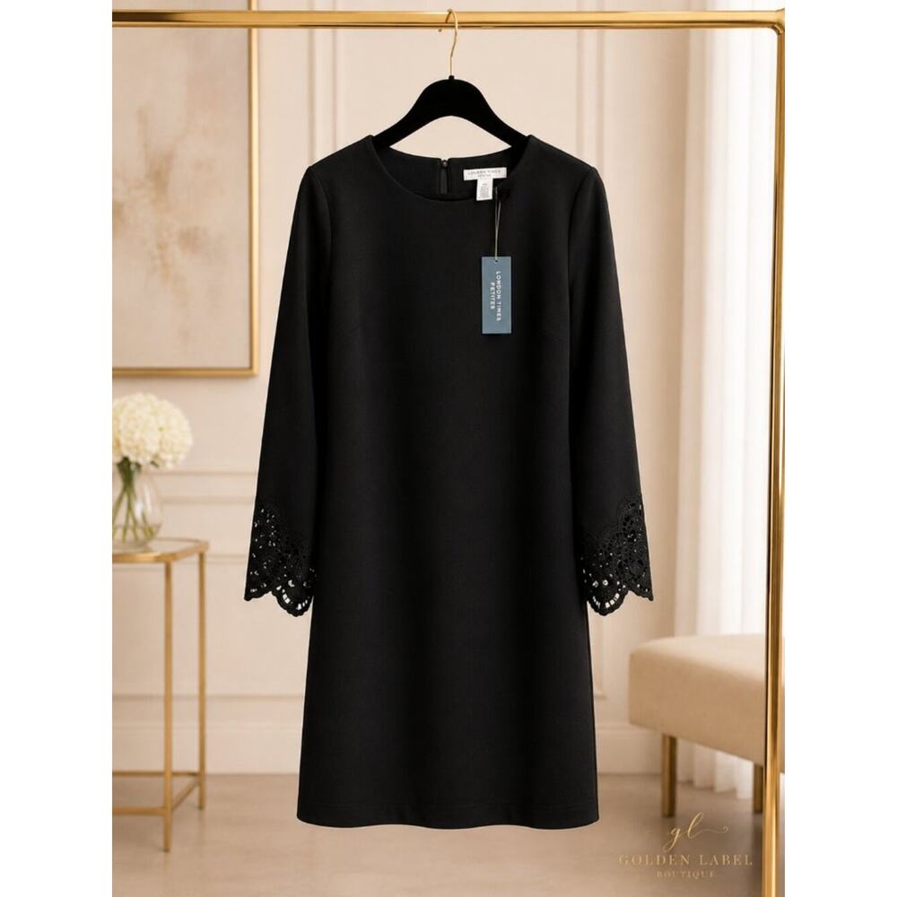 London Times Petite PXL Black Scuba Shift Dress Embroidered Sleeve NWT - Picture 4 of 8